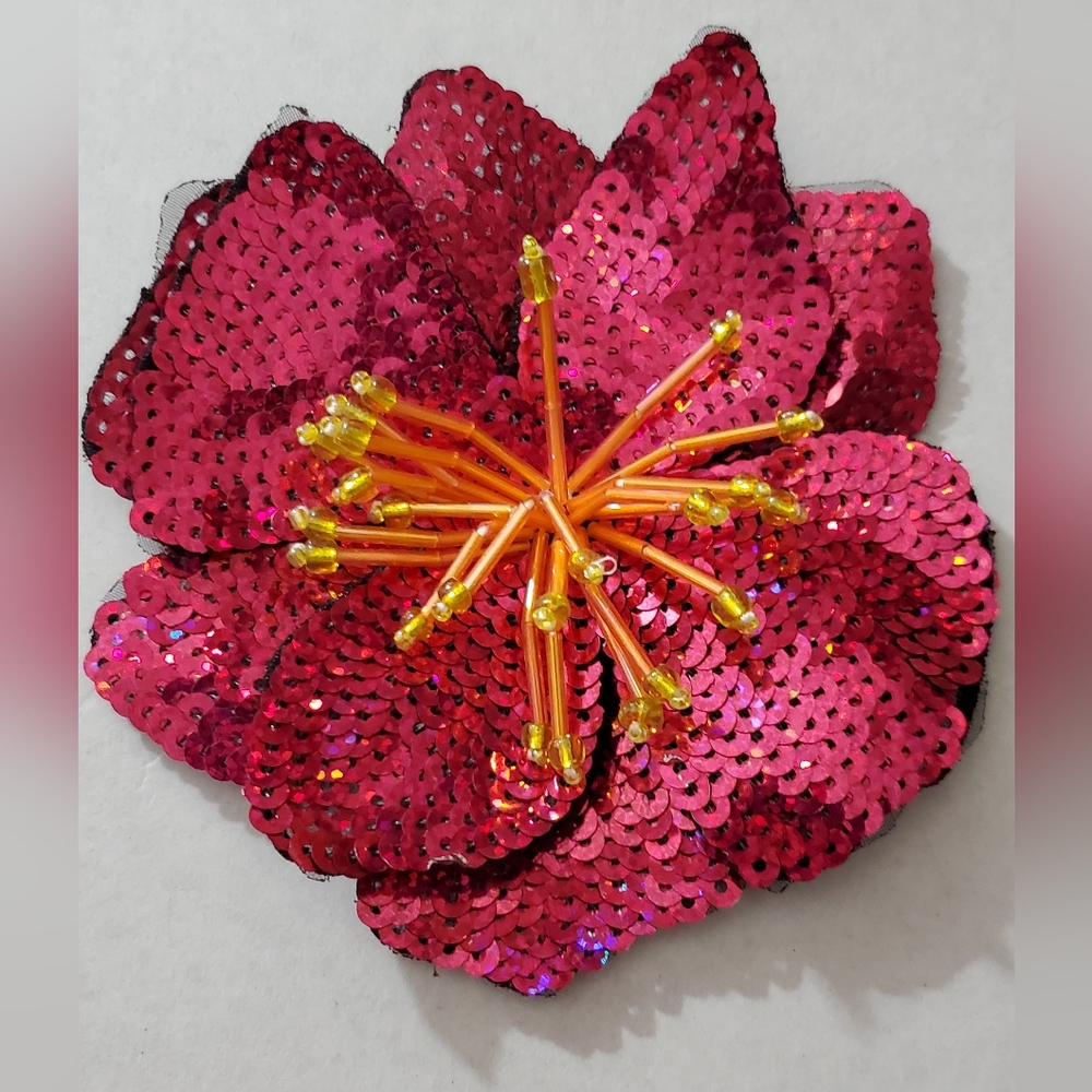 3D hibiscus beaded applique flower sew on iron on patch sequins tropical hot pnk